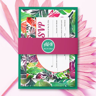 Initials green and magenta maximalist wedding invitation belly band