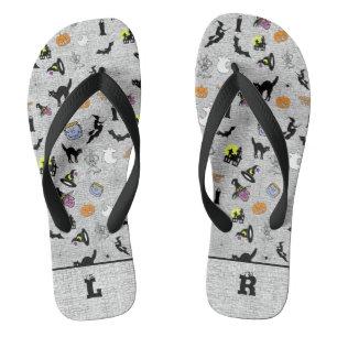 Initials:  Halloween Random Icoic Pattern Gray Flip Flops