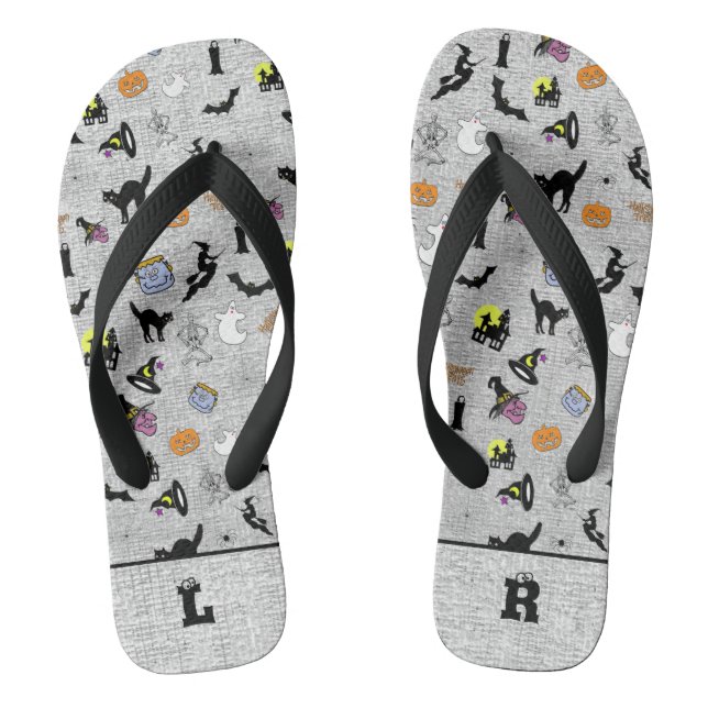 Initials:  Halloween Random Icoic Pattern Gray Flip Flops (Footbed)