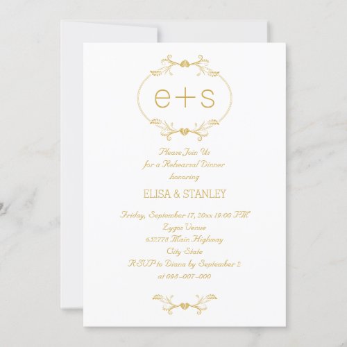 Initials in a gold frame wedding rehearsal dinner invitation