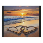 Initials in beach sunset sand hearts