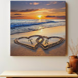 Initials in beach sunset sand hearts faux canvas print<br><div class="desc">Initials in beach sunset sand hearts,  Add initials for couple,  use design tool to change font/color</div>