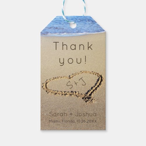 Initials in Heart in Sand Beach Wedding Thank You Gift Tags