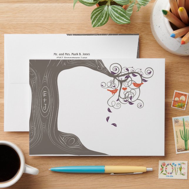 Initials In Tree Purple Gray Orange Envelopes (Desk)