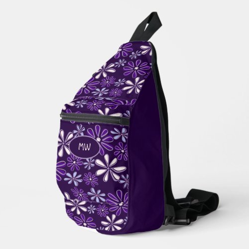 Initials Indigo Flower Doodle Pattern Dark Violet Sling Bag