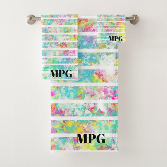 Initials lively watercolor painting multicolor bath towel set (Insitu)