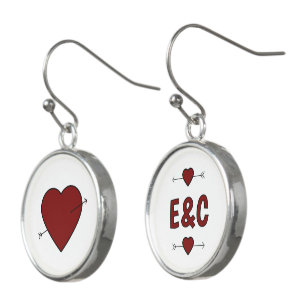 Initials love hearts romantic white burgundy earrings