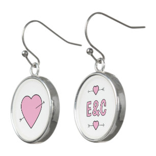 Initials love hearts romantic white light pink earrings