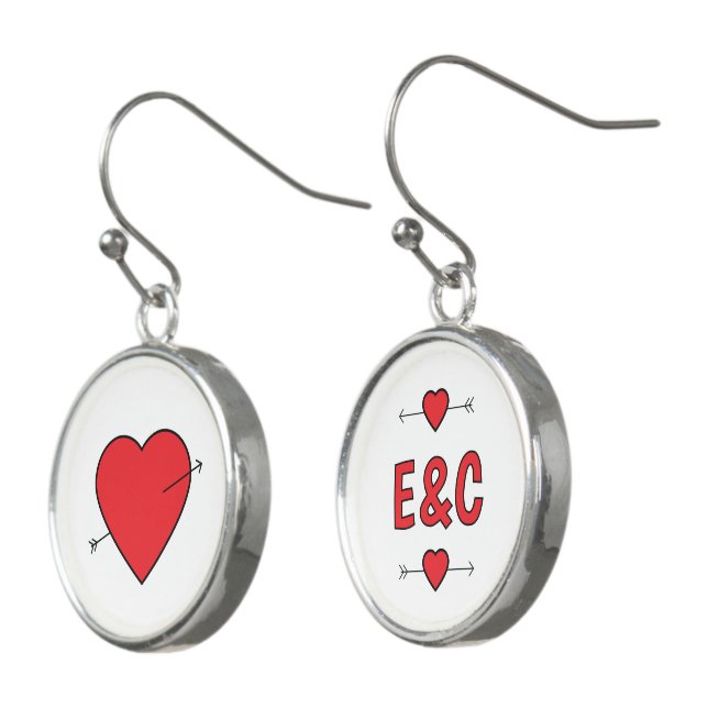 Initials love hearts romantic white red earrings (Angled)