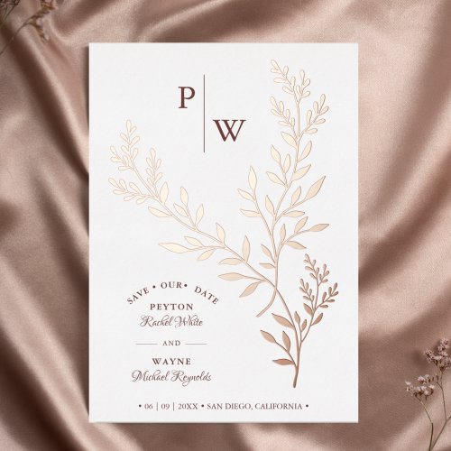 Initials Luxury Real Rose Gold Botanical Branches Foil Invitation