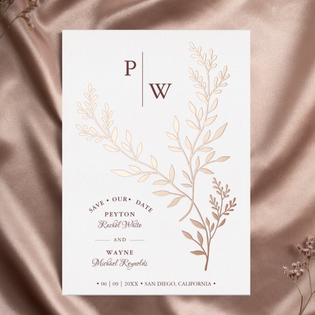 Initials Luxury Real Rose Gold Botanical Branches Foil Invitation (Creator Uploaded)
