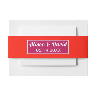 Initials magenta and vibrant orange simple wedding invitation belly band