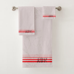 Initials  modern pink background red striped Chic Bath Towel Set