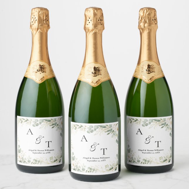 Initials Monogram Eucalyptus Botanicals Greenery  Sparkling Wine Label (Bottles)
