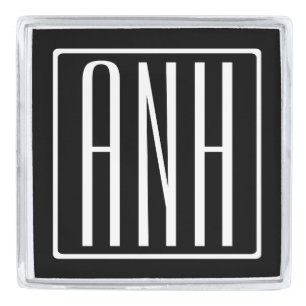 Initials Monogram   White On Black Silver Finish Lapel Pin