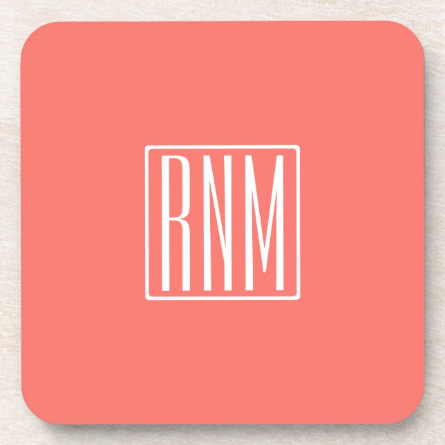 Initials Monogram | White On Coral Beverage Coaster (Front)