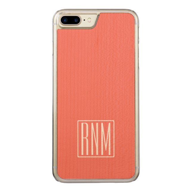 Initials Monogram | White On Coral Carved Wood iPhone Case (Back)