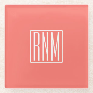 Initials Monogram White On Coral Glass Coaster