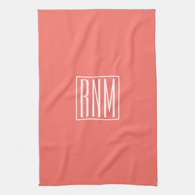 Initials Monogram | White On Coral Kitchen Towel (Vertical)