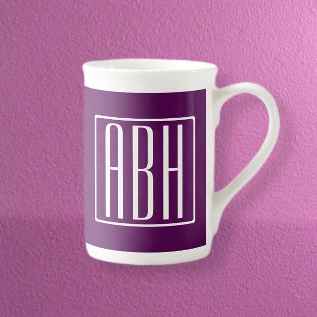 Initials Monogram | White On Deep Purple Bone China Mug (Creator Uploaded)