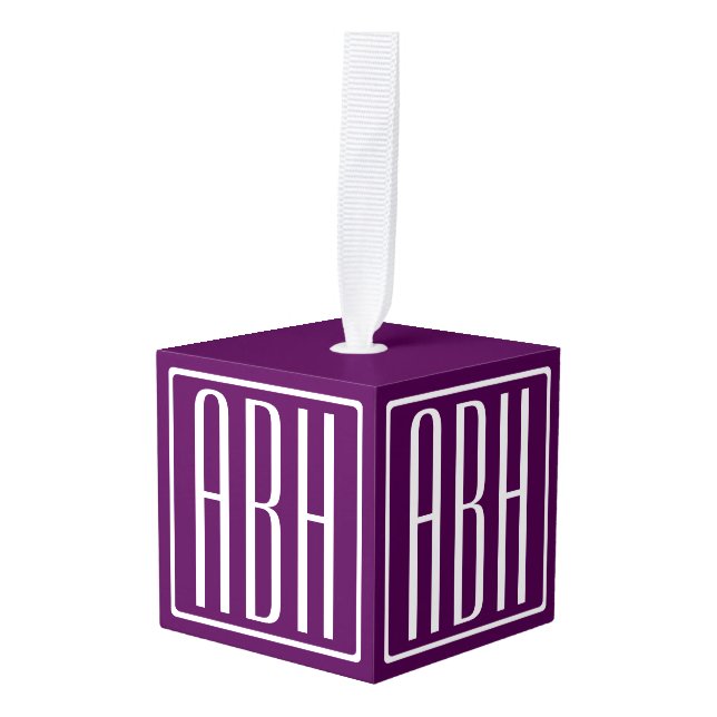 Initials Monogram | White On Deep Purple Cube Ornament (Front Angled)