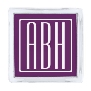 Initials Monogram   White On Deep Purple Silver Finish Lapel Pin