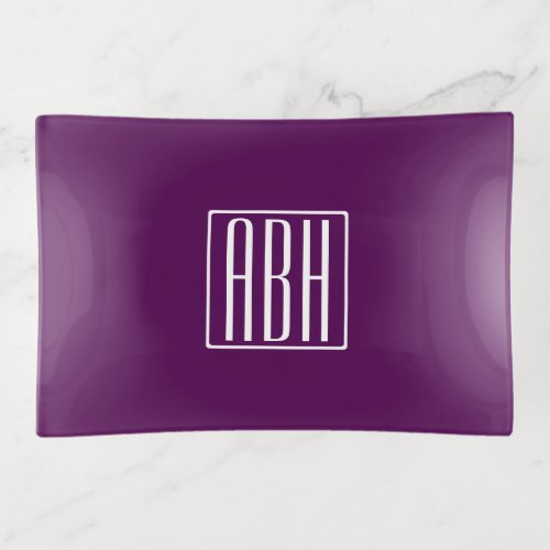 Initials Monogram  White On Deep Purple Trinket Tray