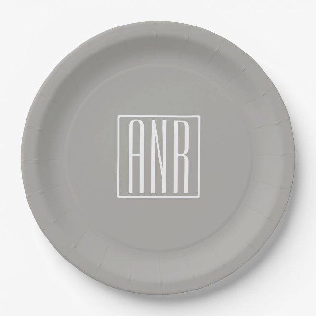 Initials Monogram | White On Light Grey Paper Plates (Front)
