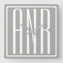 Initials Monogram | White On Light Grey Square Wall Clock