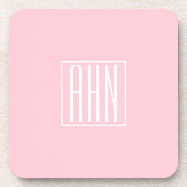 Initials Monogram | White On Light Pink Beverage Coaster (Front)