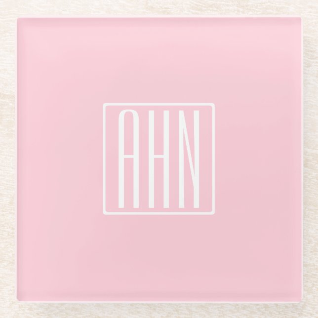 Initials Monogram | White On Light Pink Glass Coaster (Front)
