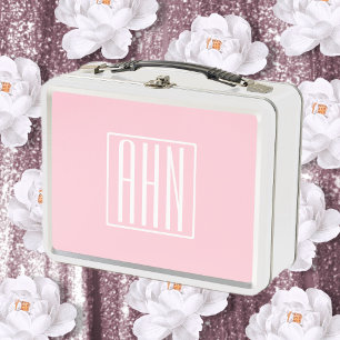 Initials Monogram White On Light Pink Metal Lunch Box