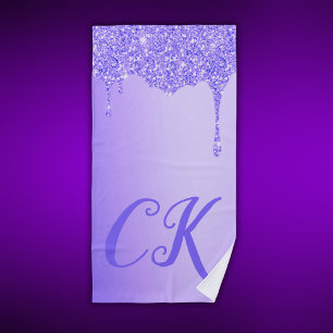 Initials Monogram with Purple Glitter Beach Towel
