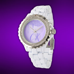 Initials Monogram with Purple Glitter Watch