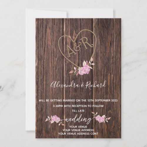 Initials monogram wood effect carved tree invitati invitation