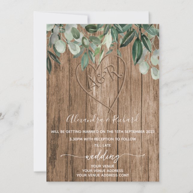 Initials monogram wood effect carved tree invitation (Front)