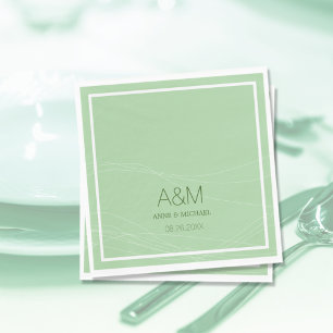 initials, name & date on pale sage wedding napkins