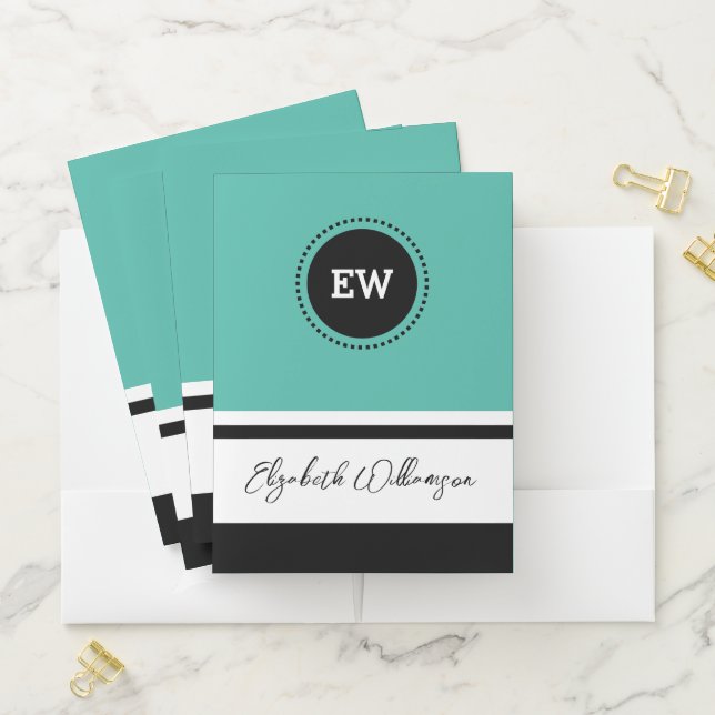 Initials name teal black organize documents pocket folder (In Situ)