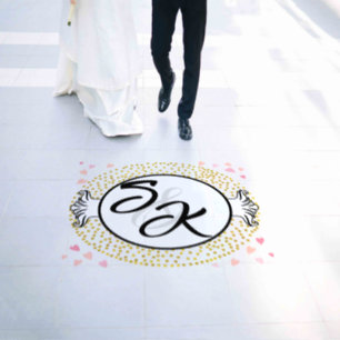 Initials of Bride and Groom Gold Pink & Black Floor Decals