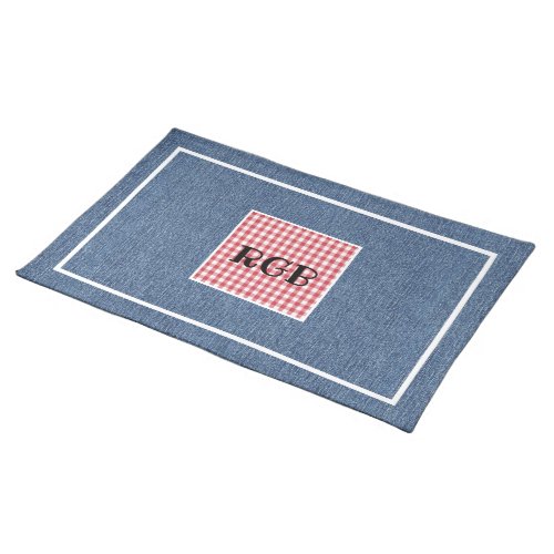 Initials on Blue Denim Red  White Pattern 20x14 Cloth Placemat