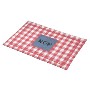 Initials on Blue Denim, Red & White Pattern 20x14  Cloth Placemat