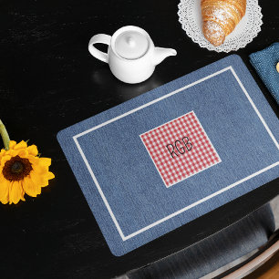 Initials on Blue Denim, Red & White Pattern 20x14 Cloth Placemat