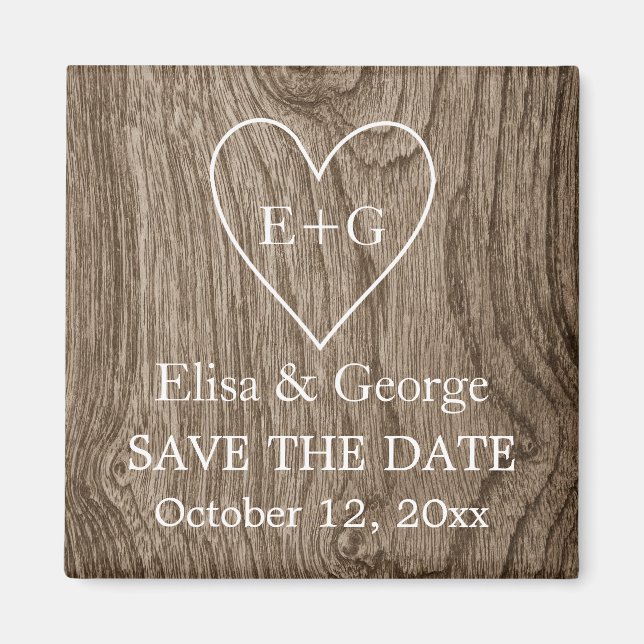 Initials on wood heart wedding Save the Date Magnet (Front)
