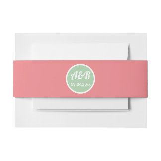 Initials peach and mint green wedding invitation belly band