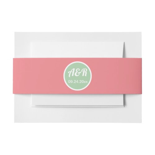 Initials peach and mint green wedding invitation belly band
