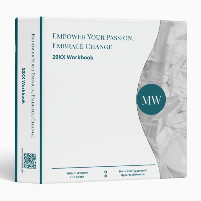Initials Photo Teal Life Coach Workbook 3 Ring Binder (Front/Spine)