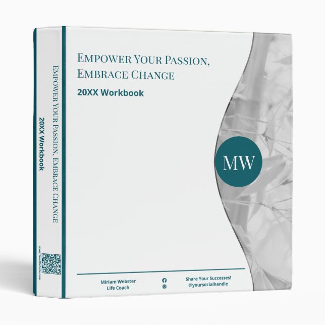Initials Photo Teal White Life Coach Workbook  3 Ring Binder (Front/Spine)
