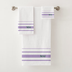 Initials pretty purple stripes minimalist White Bath Towel Set