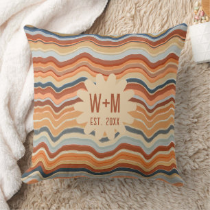 Initials Retro Stripes 70s Groovy Boho terracotta Throw Pillow