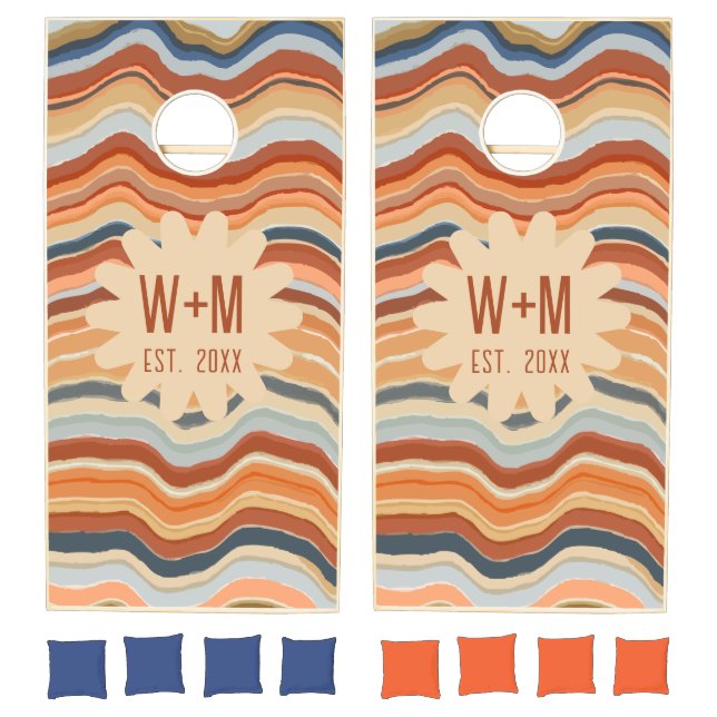 Initials Retro Stripes 70s Groovy waves boho Cornhole Set (Set)
